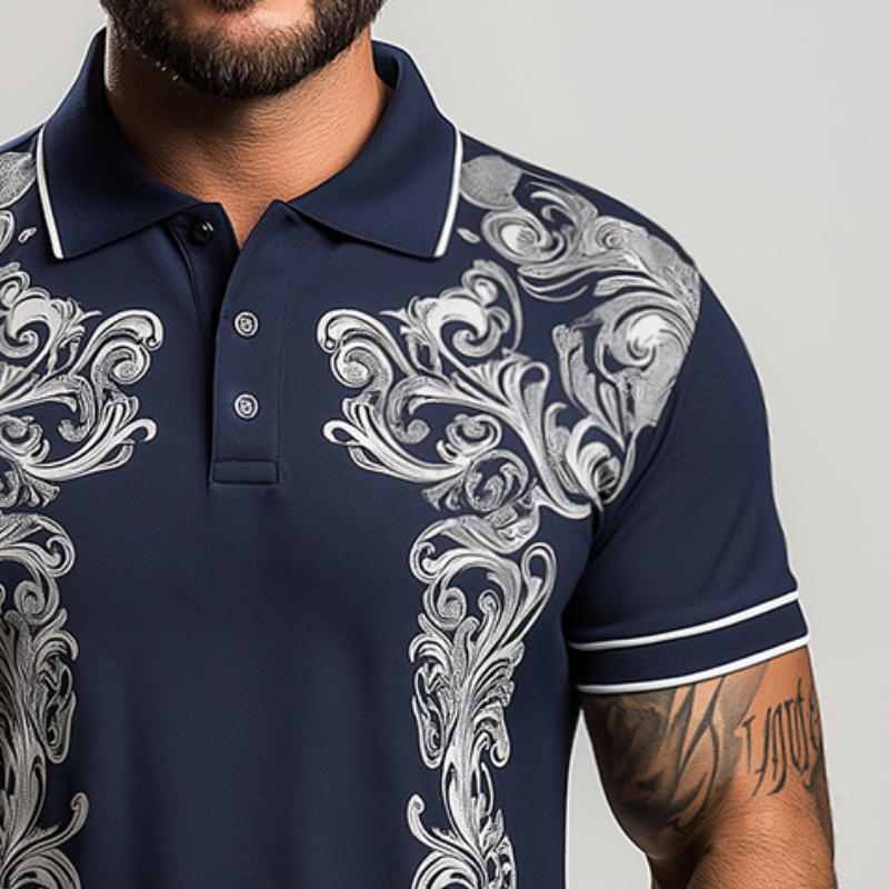 Men's Retro Casual Baroque Palace Print Short Sleeve Polo Shirt MTA1733C1TO