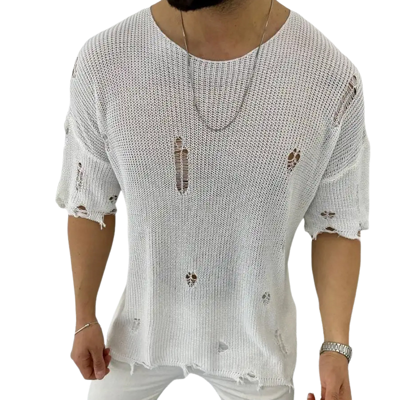 Men's Spring and Summer Fashion Casual Ripped Knitted Long Sleeve T-shirt MTA1499C6K