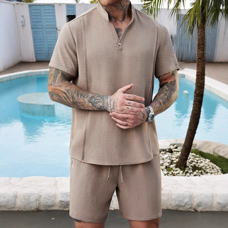 Men's Fashion Solid Stand Collar Short Sleeve Shirt Shorts Casual Set MTA1781C5Z