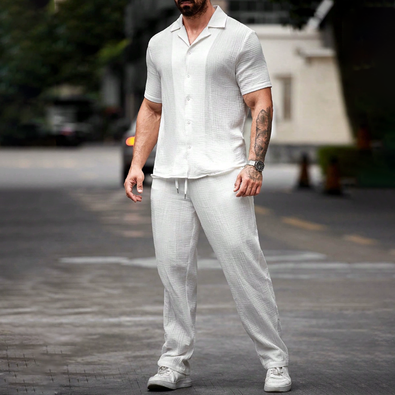 Men's Fashion Solid Textured Lapel Short Sleeve Shirt Trousers Casual Set MTA1799C6Z