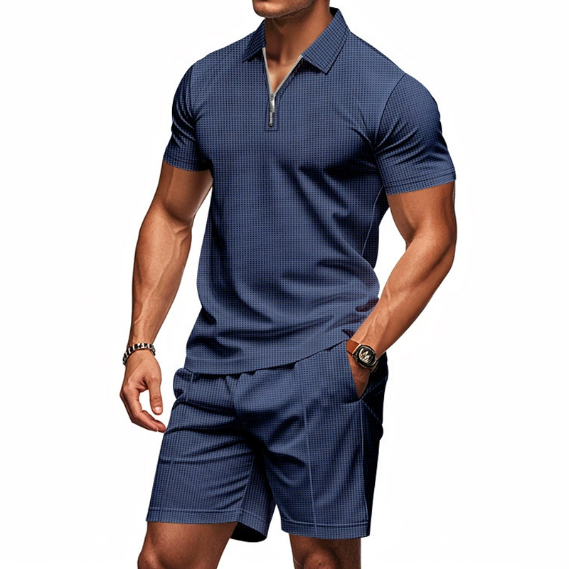 Men's Solid Waffle Zipper Lapel Short Sleeve Polo Shirt Shorts Casual Set MTA1735C9Z