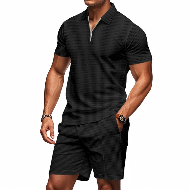 Men's Solid Waffle Zipper Lapel Short Sleeve Polo Shirt Shorts Casual Set MTA1735C9Z