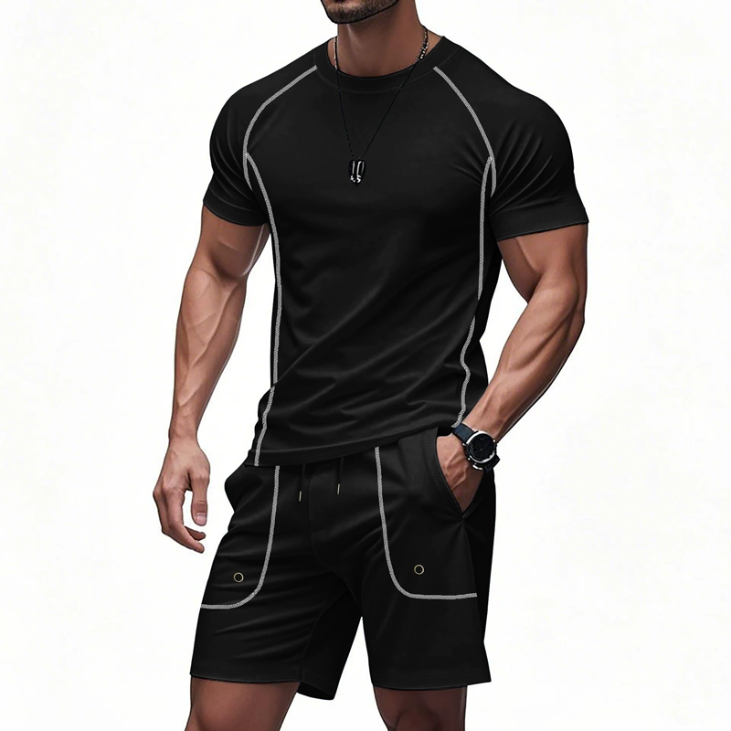 Men's Colorblock Round Neck Short Sleeve T-shirt Elastic Waist Shorts Sports Casual Set MTA1780C0Z