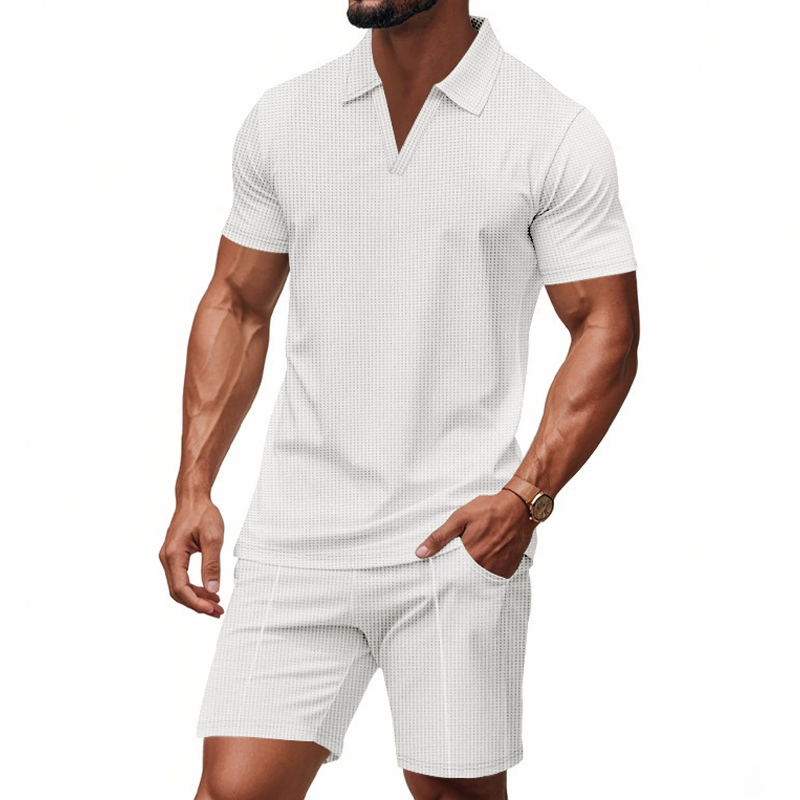 Men's Solid Waffle Lapel Short Sleeve Polo Shirt Elastic Waist Shorts Casual Set MTA1717C8Z