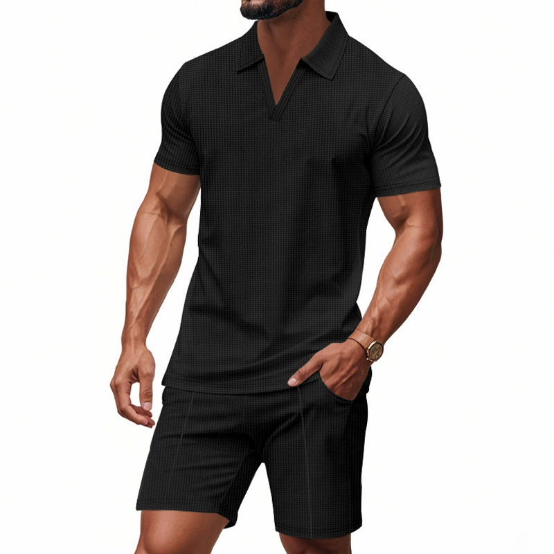 Men's Solid Waffle Lapel Short Sleeve Polo Shirt Elastic Waist Shorts Casual Set MTA1717C8Z