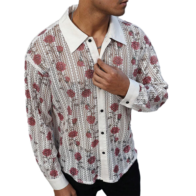 Men's Knitted Rose Jacquard Long Sleeve Shirt MTA1891C4X