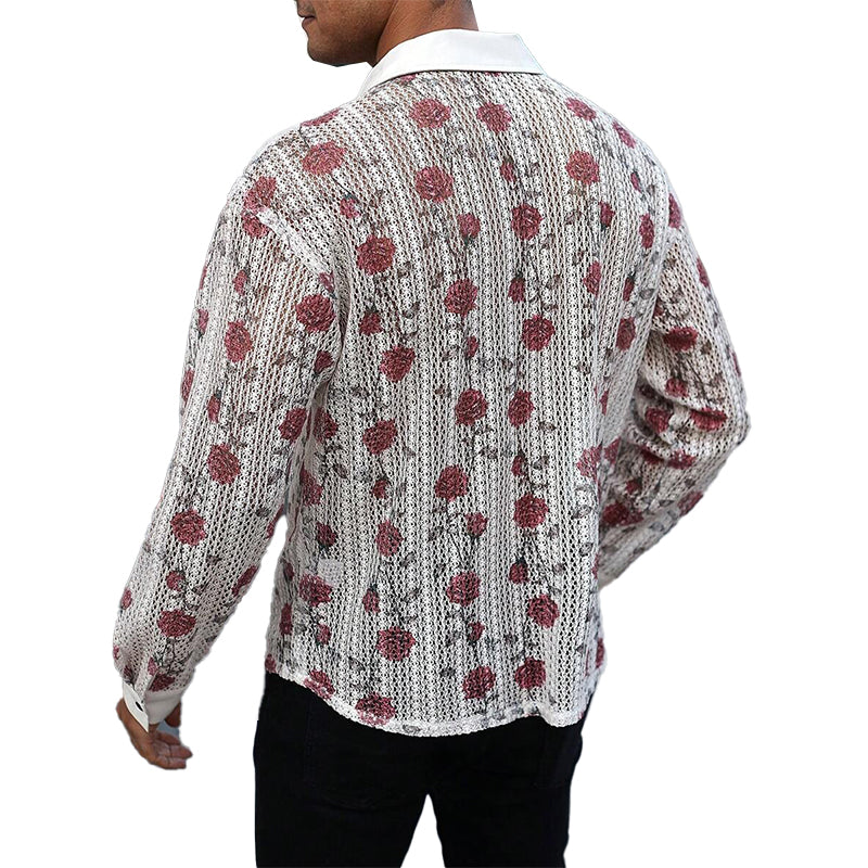 Men's Knitted Rose Jacquard Long Sleeve Shirt MTA1891C4X