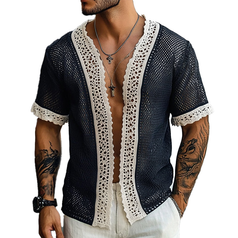 Men's Knitted Patchwork Lace Short Sleeve Cardigan MTA1846C9X