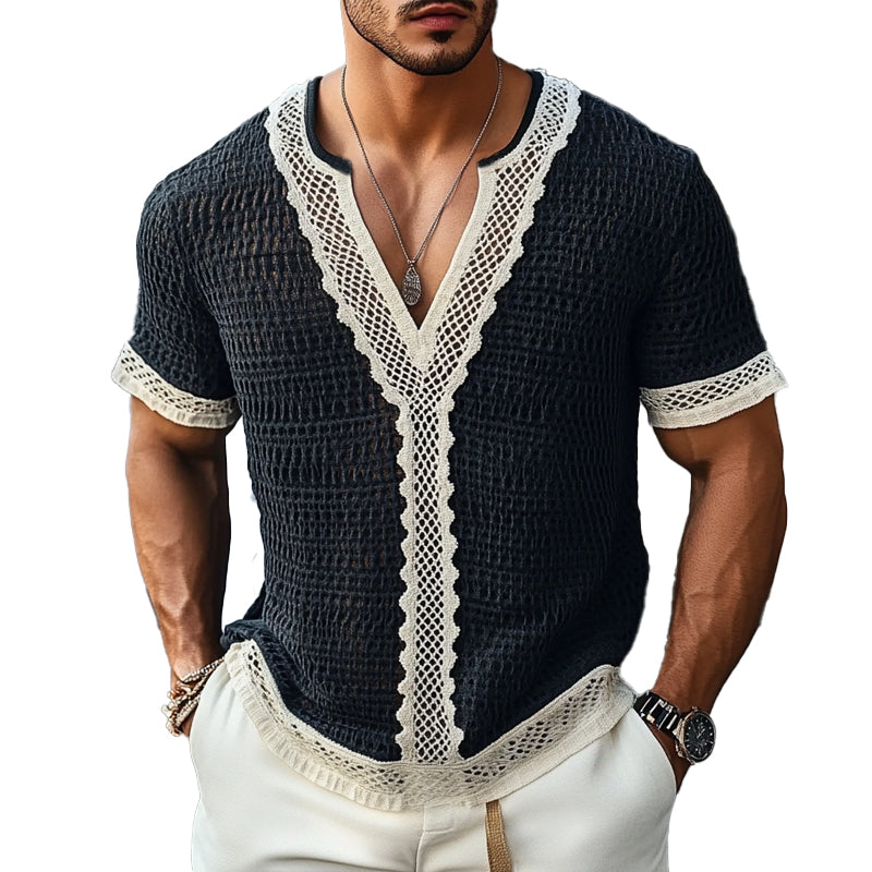 Men's Casual Spliced Lace V-Neck Short Sleeve T-Shirt MTA1861C5X