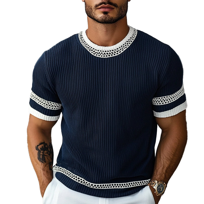 Men's Contrast Web Round Neck Knitted Short Sleeve T-Shirt MTA1895C3X