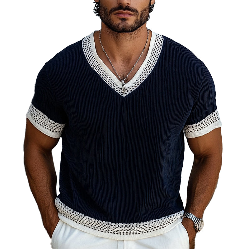 Men's Contrast Knit V-Neck Short Sleeve Sweater  T-Shirt MTA1853C1X