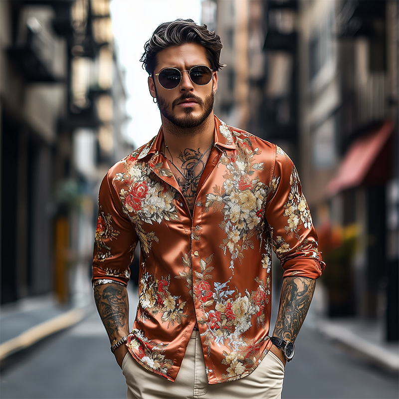 Men's Spring and Summer Fashionable Retro Printed Satin Long Sleeve Shirt MTA1855C2K