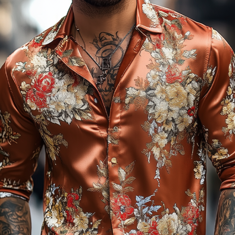 Men's Spring and Summer Fashionable Retro Printed Satin Long Sleeve Shirt MTA1855C2K