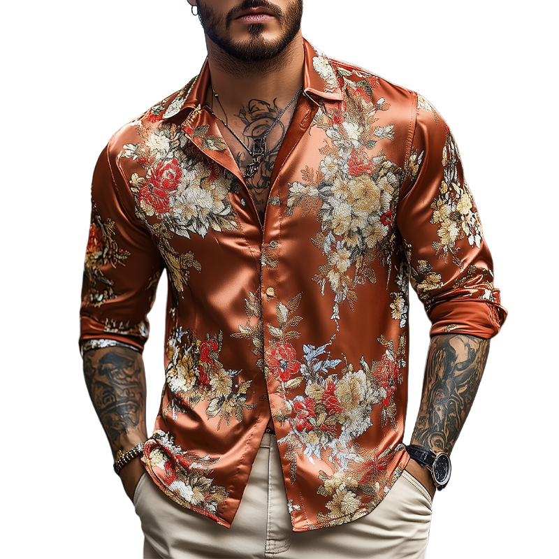 Men's Spring and Summer Fashionable Retro Printed Satin Long Sleeve Shirt MTA1855C2K