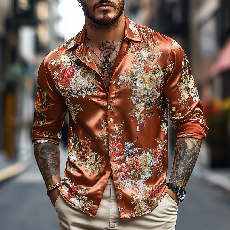 Men's Spring and Summer Fashionable Retro Printed Satin Long Sleeve Shirt MTA1855C2K