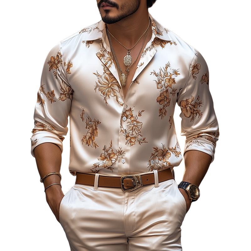 Men's Spring and Summer Fashion Retro Floral Printed Satin Long Sleeve Shirt MTA1867C7K