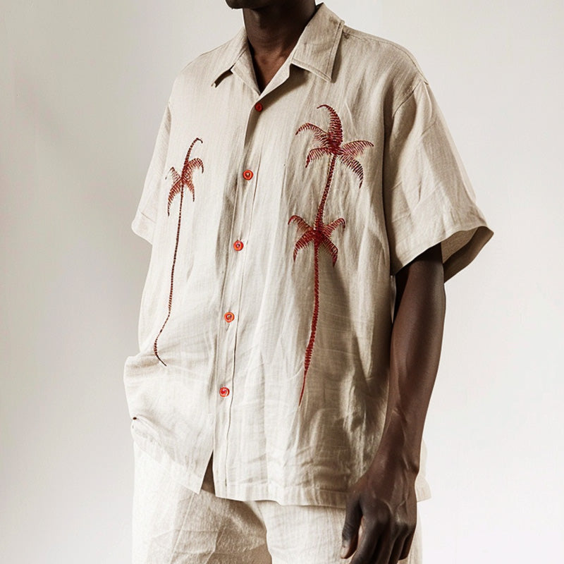 Men's Casual Palm Leaf Embroidered Short Sleeve Shirt MTA1814C8P