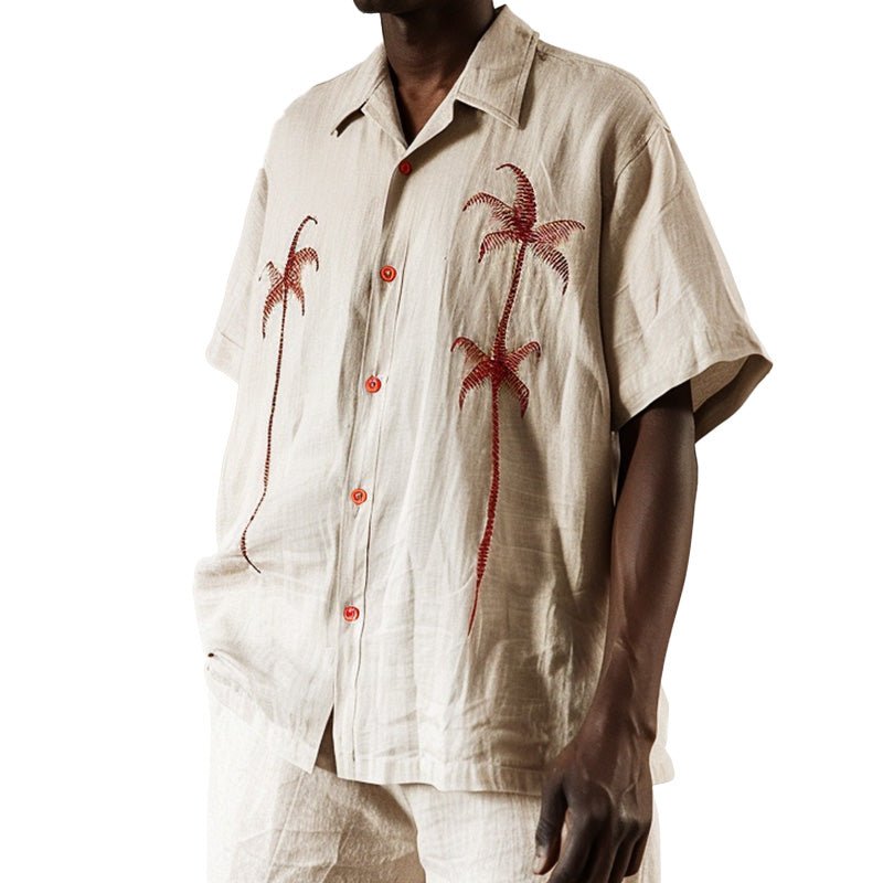 Men's Casual Palm Leaf Embroidered Short Sleeve Shirt MTA1814C8P