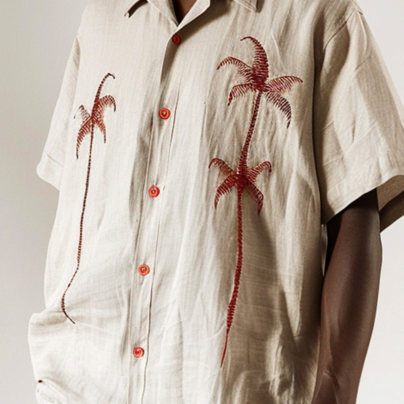 Men's Casual Palm Leaf Embroidered Short Sleeve Shirt MTA1814C8P