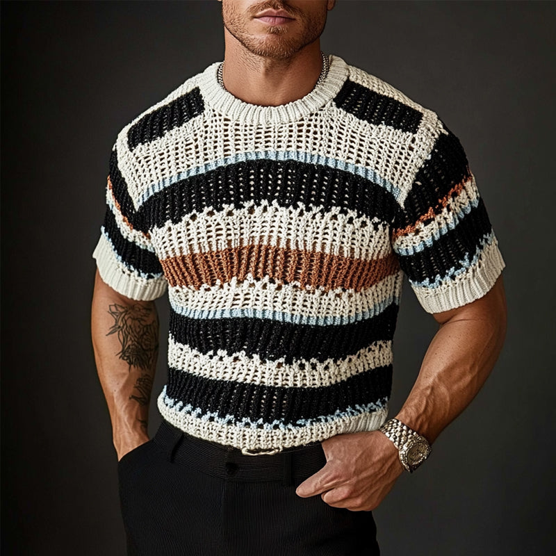 Men's Crew Neck Striped Knitted Short Sleeve Sweater MTA1724C8X