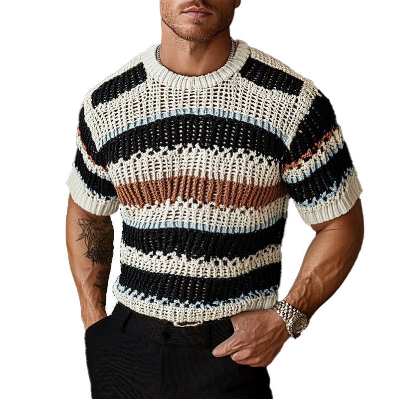 Men's Crew Neck Striped Knitted Short Sleeve Sweater MTA1724C8X