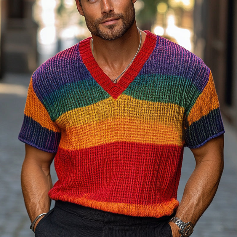 Men's Rainbow Stripe Knitted Short Sleeve Sweater MTA1765C4X