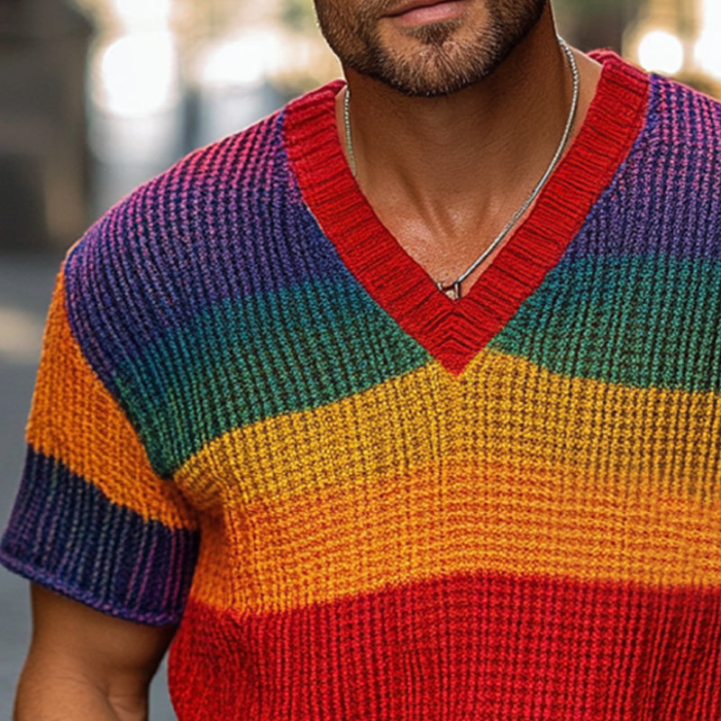 Men's Rainbow Stripe Knitted Short Sleeve Sweater MTA1765C4X