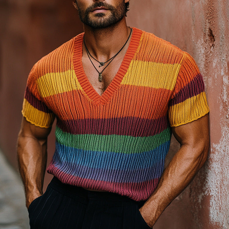 Men's Rainbow Knit V-Neck Short Sleeve Sweater T-Shirt  MTA1773C8X