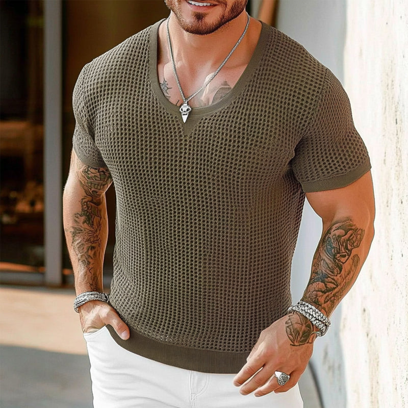 Men's Solid Color Loose Round Neck Short Sleeve Sweater MTA1700C3X