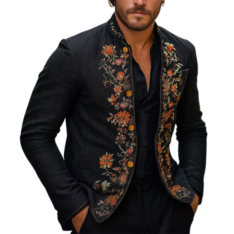 Men's Spring and Autumn Vintage Embroidered Stand Collar Blazer MTA1830C2U