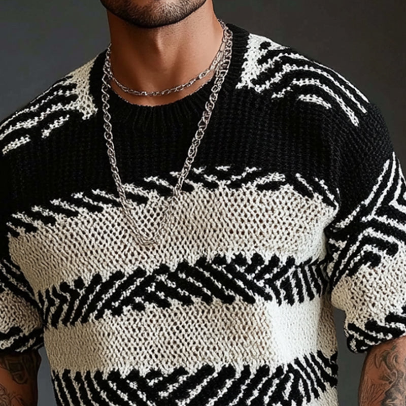 Men's Contrast Knitted Round Neck Half Sleeve Sweater MTA1740C9X