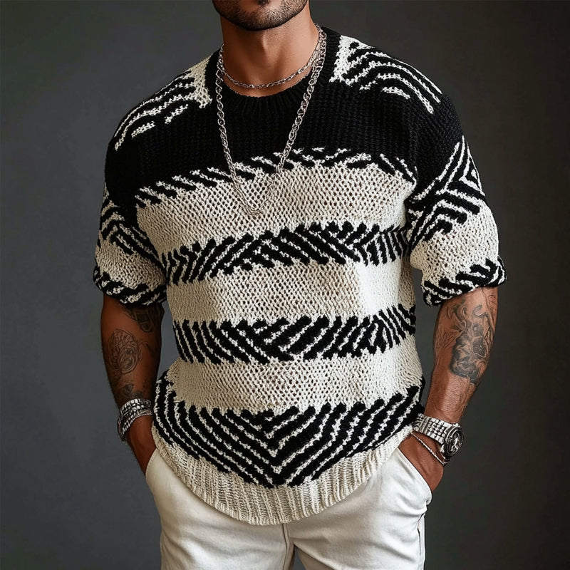 Men's Contrast Knitted Round Neck Half Sleeve Sweater MTA1740C9X