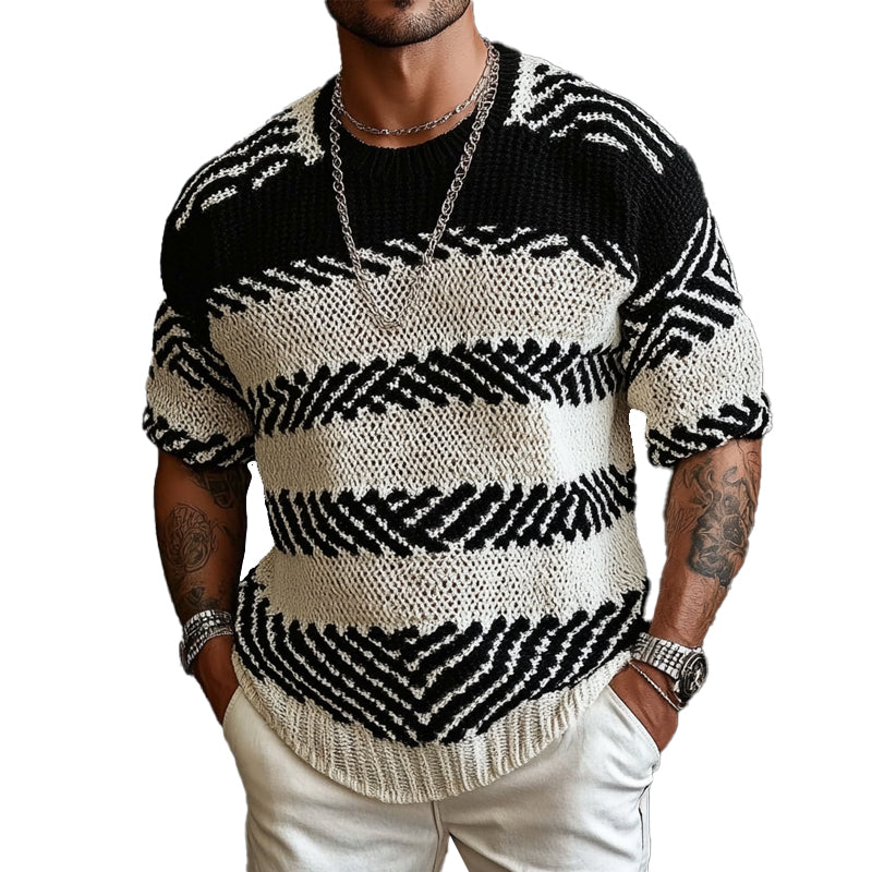 Men's Contrast Knitted Round Neck Half Sleeve Sweater MTA1740C9X