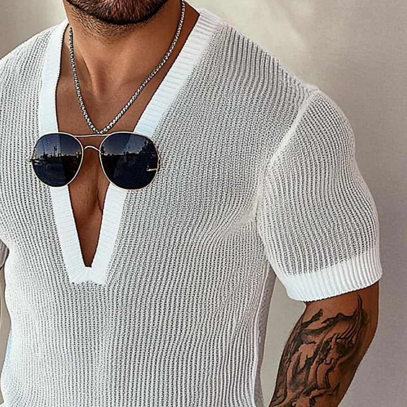 Men's knitted V-neck short-sleeved T-shirt MTA1777C1X