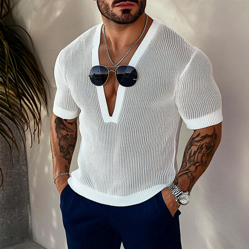 Men's knitted V-neck short-sleeved T-shirt MTA1777C1X