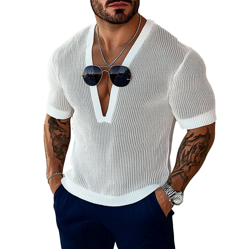 Men's knitted V-neck short-sleeved T-shirt MTA1777C1X