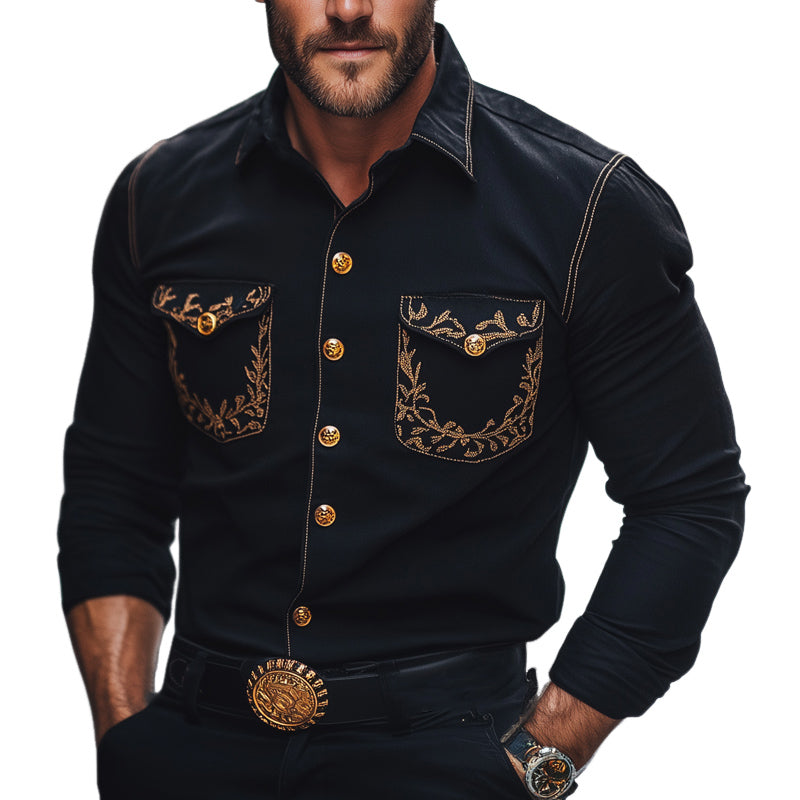 Men's Black Cotton Vintage Embroidery Long Sleeve Shirt MTA1827C6U