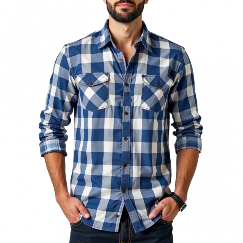 Men's Casual Cotton Plaid Lapel Chest Pocket Slim Fit Long Sleeve Shirt MTA1306C0M