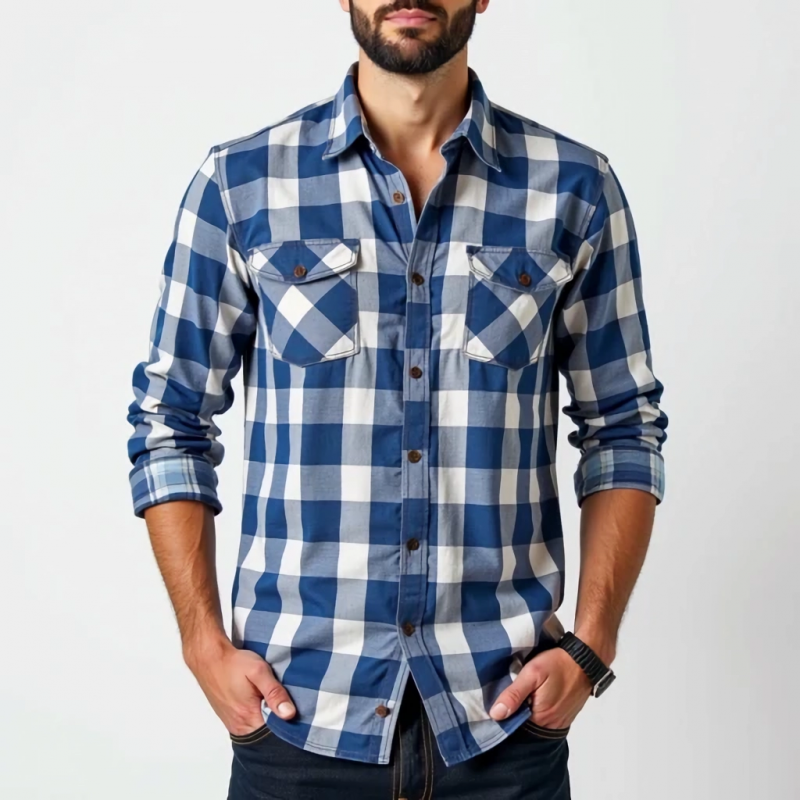 Men's Casual Cotton Plaid Lapel Chest Pocket Slim Fit Long Sleeve Shirt MTA1306C0M