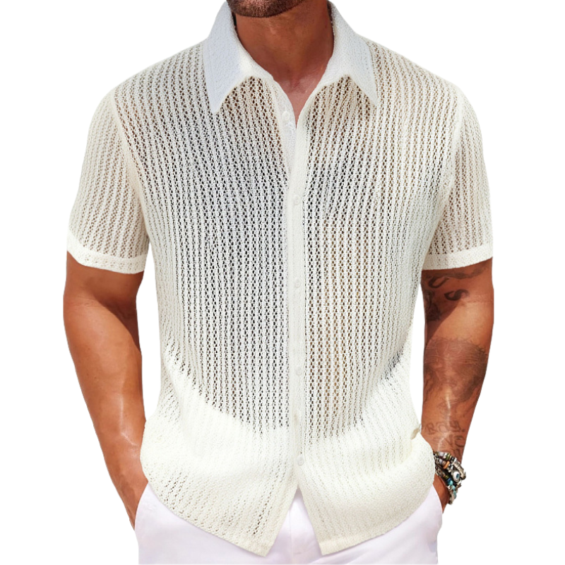 Men's Retro Jacquard Hollow Lapel Slim Short Sleeve Shirt MTA1405C5M