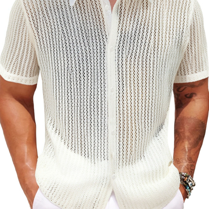 Men's Retro Jacquard Hollow Lapel Slim Short Sleeve Shirt MTA1405C5M