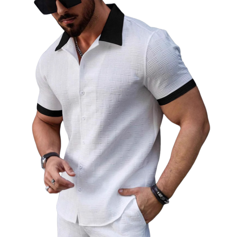 Men's Retro Contrast Jacquard Lapel Slim Short Sleeve Shirt MTA1480C0M