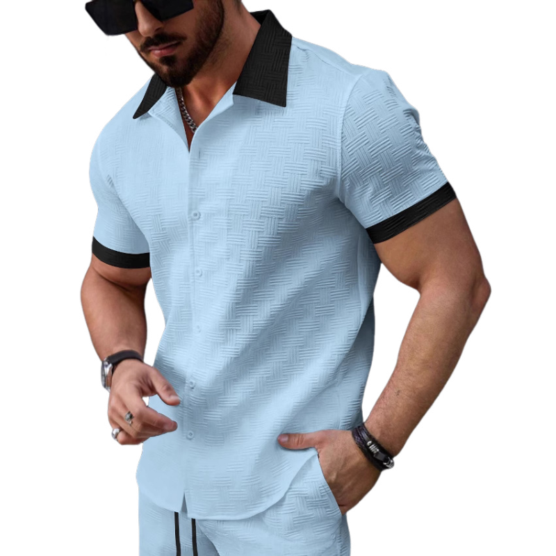 Men's Retro Contrast Jacquard Lapel Slim Short Sleeve Shirt MTA1480C0M