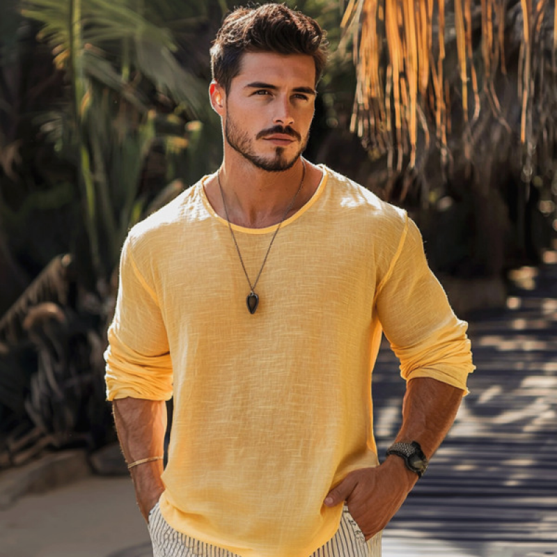 Men's Casual Cotton Linen Round Neck Loose Long Sleeve T-Shirt MTA1461C1M