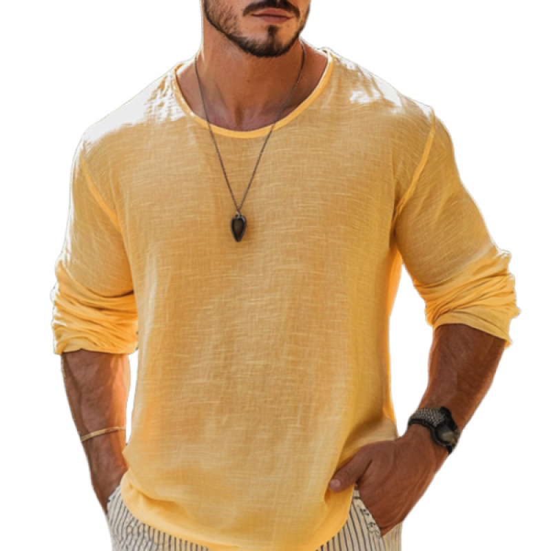 Men's Casual Cotton Linen Round Neck Loose Long Sleeve T-Shirt MTA1461C1M