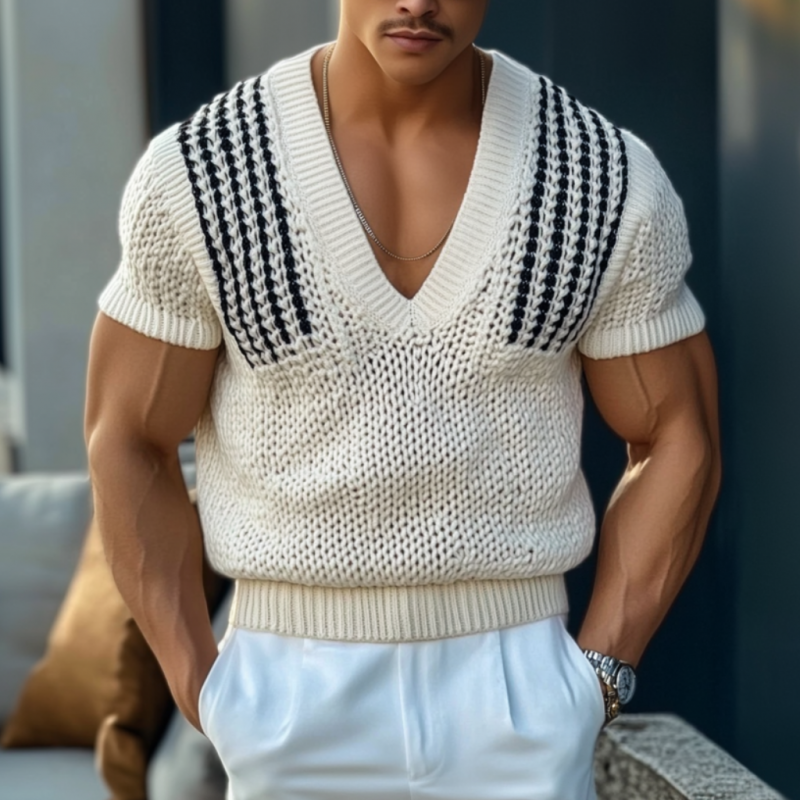 Men's Casual Striped Jacquard V-neck Slim Fit Knitted Short Sleeve Sweater MTA1822C6M