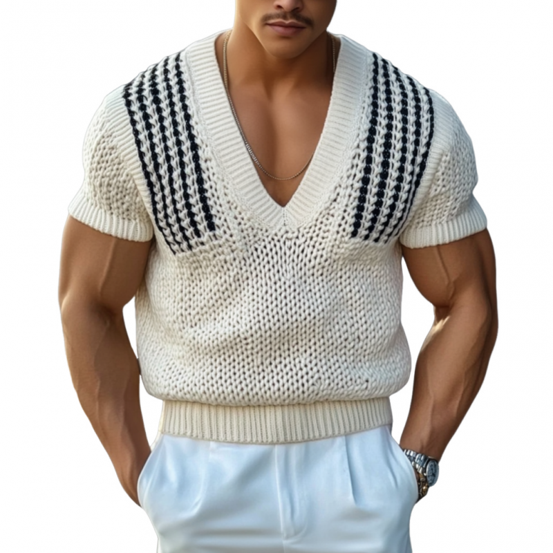 Men's Casual Striped Jacquard V-neck Slim Fit Knitted Short Sleeve Sweater T-Shirt MTA1822C6M