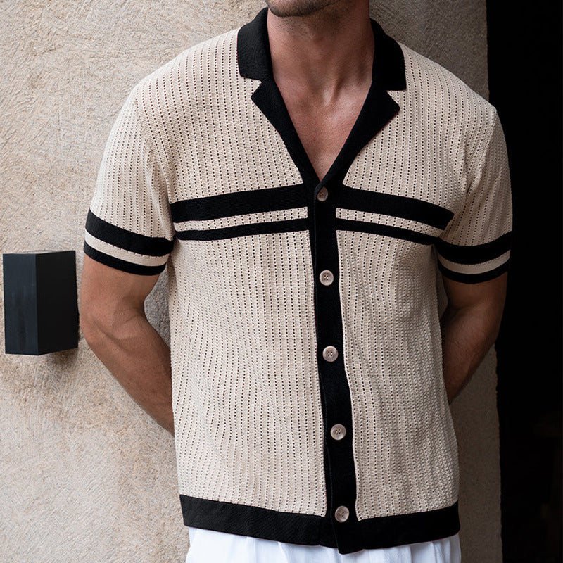 Men's Spring and Summer Casual Contrast Color Stitching Knitted Short Sleeve Shirt MTA1902C0K