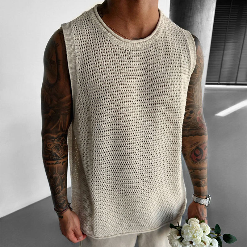 Men's Retro Casual Hollow Refreshing Round Neck Knitted Tank Top MTA1901C5TO