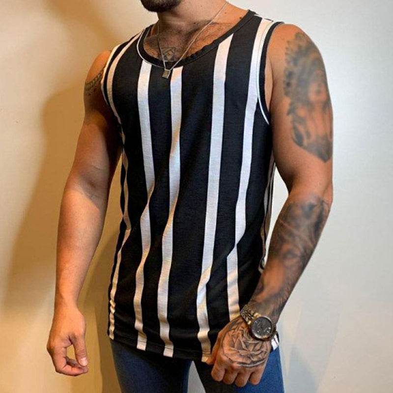 Men's Retro Casual Striped Print Crew Neck Tank Top MTA1972C5TO